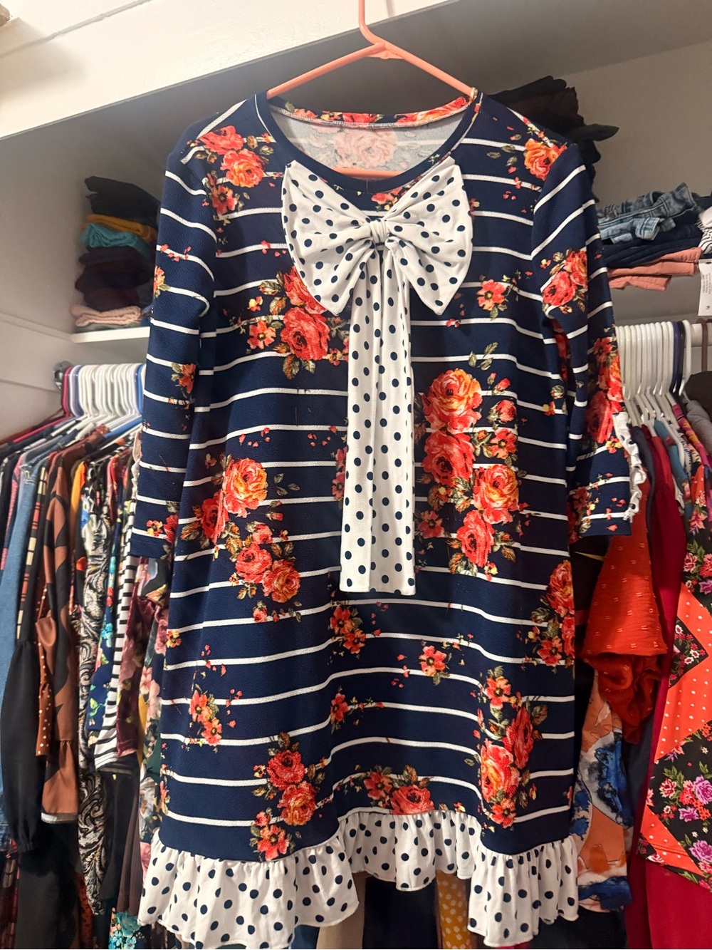 Navy Floral/Stripe custom blouse with Polka Dot Bow and hems